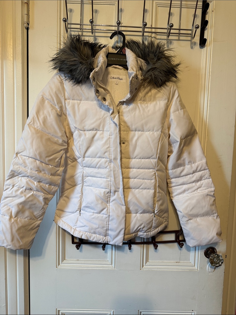 Calvin Klein White Puffer Jacket with Dark Faux Fur Hood Trim